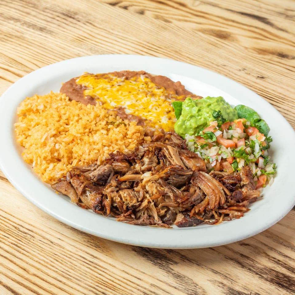 Mexican platter with shredded meat, orange rice, cheese-covered beans, guacamole, and fresh pico de gallo on a white plate.